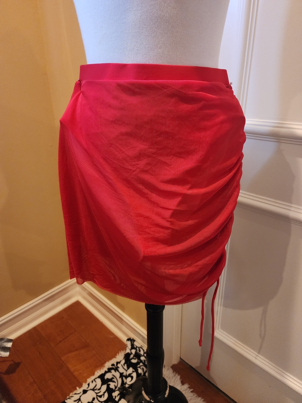 Red Ruched Drawstring Mini Skirt - Women's